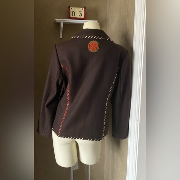 Script Brown Floral Women’s Embroidery Blazer, Wool blend Size 12, vintage - Picture 3 of 12